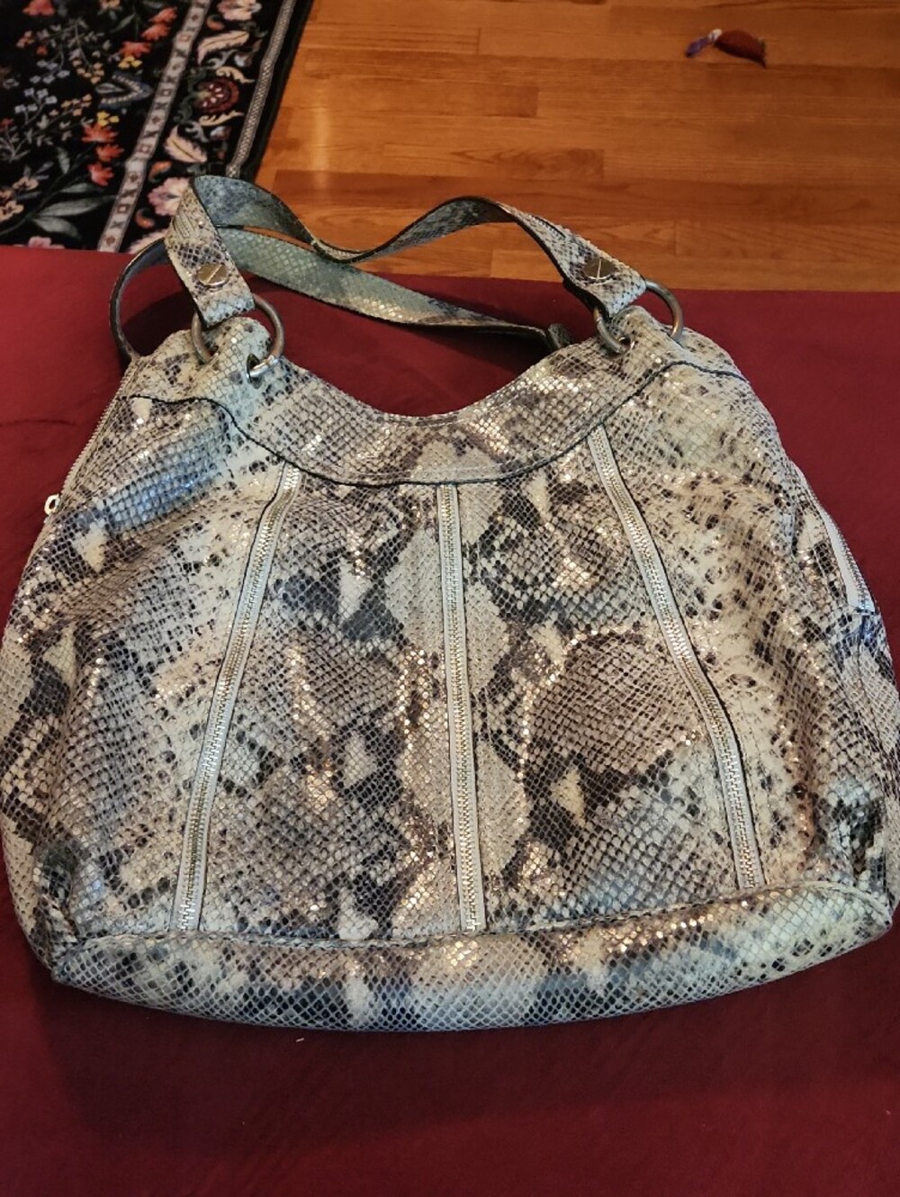 Michael Kors Beige and Black Snakeskin-Print Shoulder Bag with Silver Hardware - Picture 3 of 7
